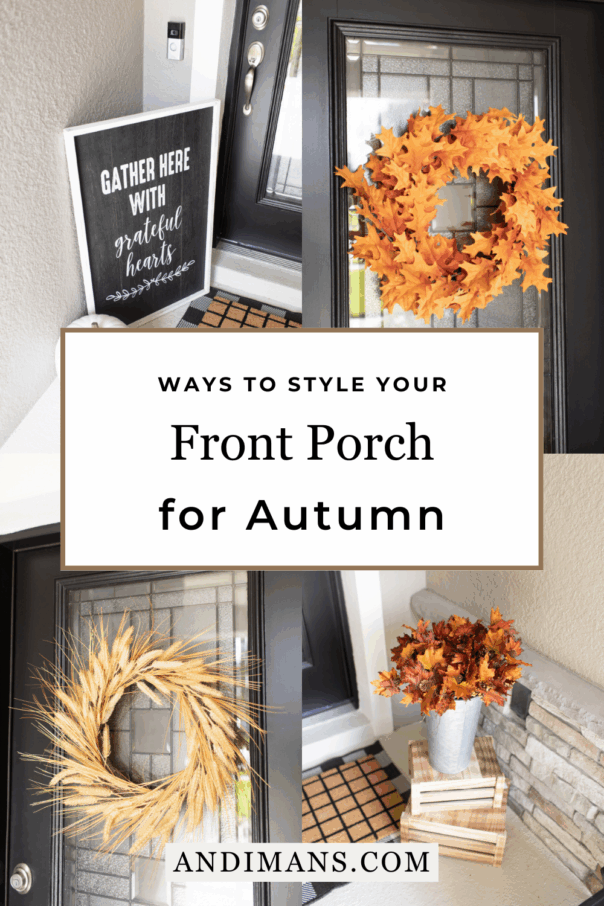 Front porch ideas for the fall. Showing pumpkins and wreaths to inspire reader.