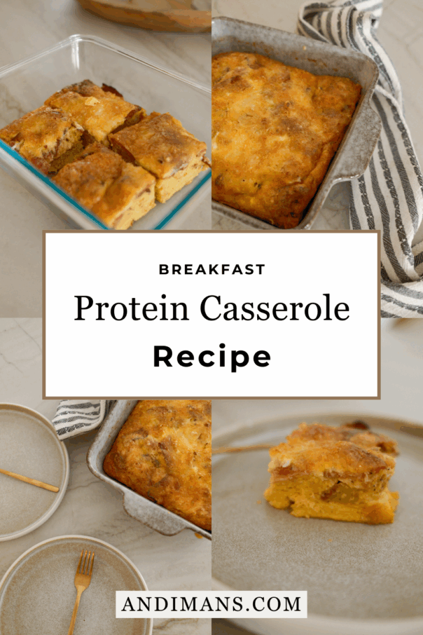 Breakfast Protein Casserole Recipe. Shareable image for Pinterest.