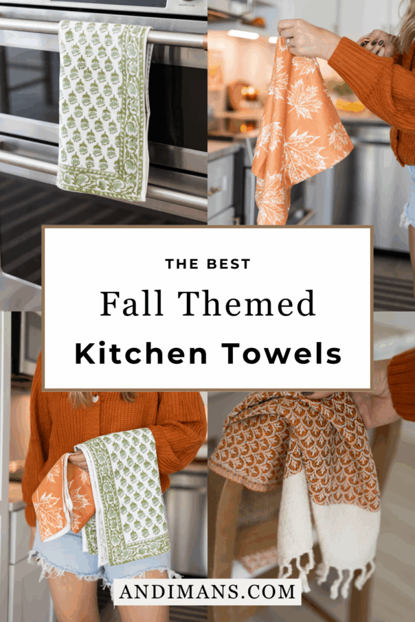 Fall theme kitchen towels. Shareable image for Pinterest.