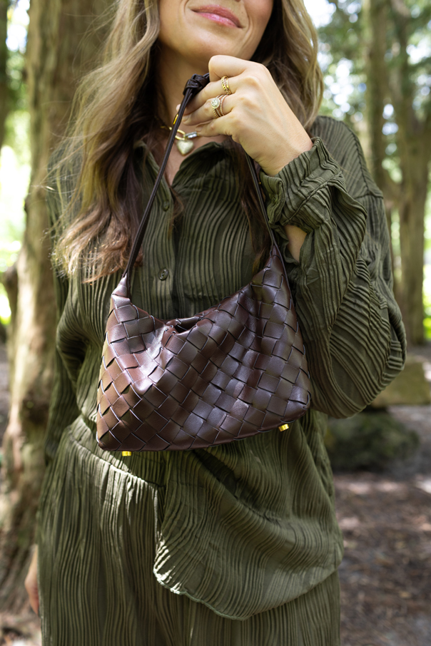 Fall matching set in hunter green styled with neutral booties and gold jewelry